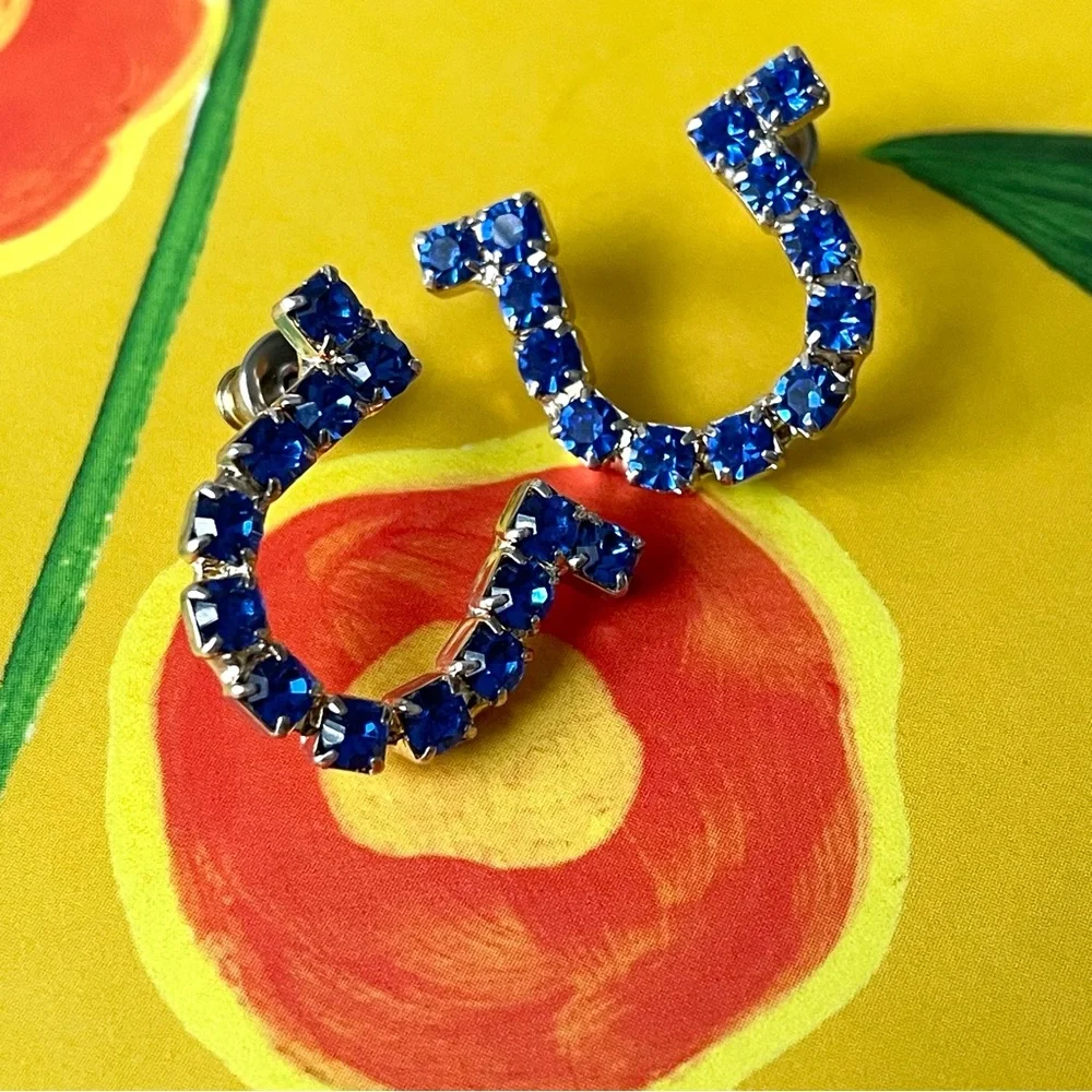 Vintage silvertone & blue rhinestone horseshoe pierced earrings kitsch good luck - Picture 3 of 7